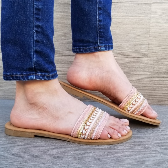Shoes - Pink Fabric Jeweled  Accents Sandal Sliders-C